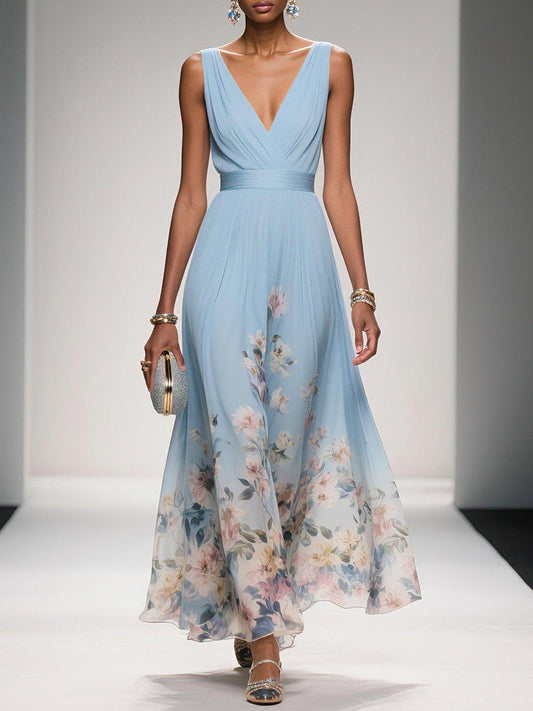 Isabella Floral Print Maxi Dress For Wedding Guests Light Blue by Selouva