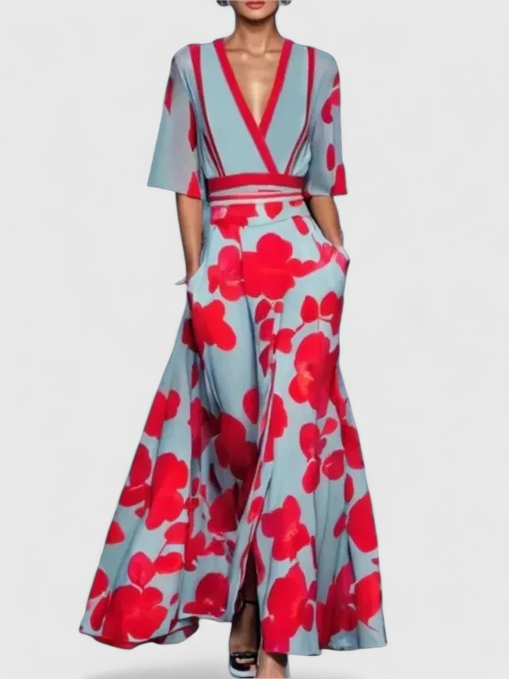 Aimee Elegant Floral Maxi Dress With Bold Red Bloom Pattern by Selouva