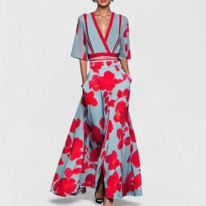 Aimee Elegant Floral Maxi Dress With Bold Red Bloom Pattern by Selouva