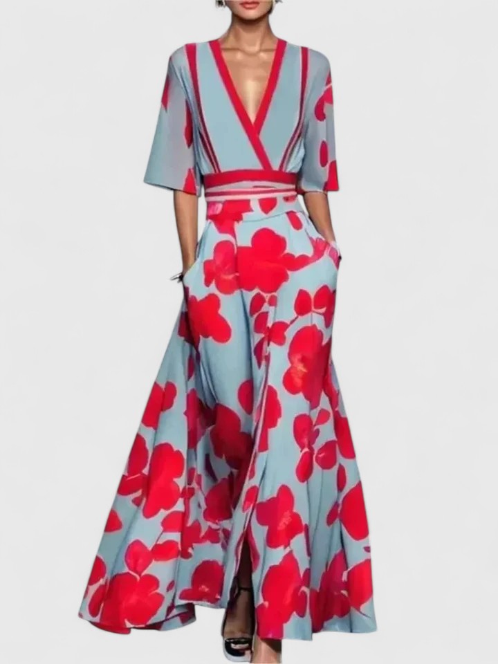 Aimee Elegant Floral Maxi Dress With Bold Red Bloom Pattern by Selouva