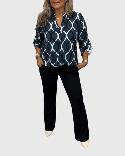 Janny Casual Blouse With Long Sleeves And Geometric Pattern by Selouva