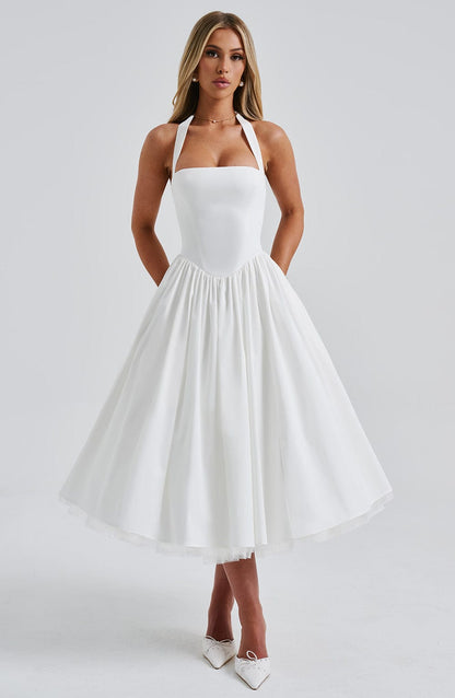 Chloe | Women’s Wedding Guest Halter Midi Dress by Selouva