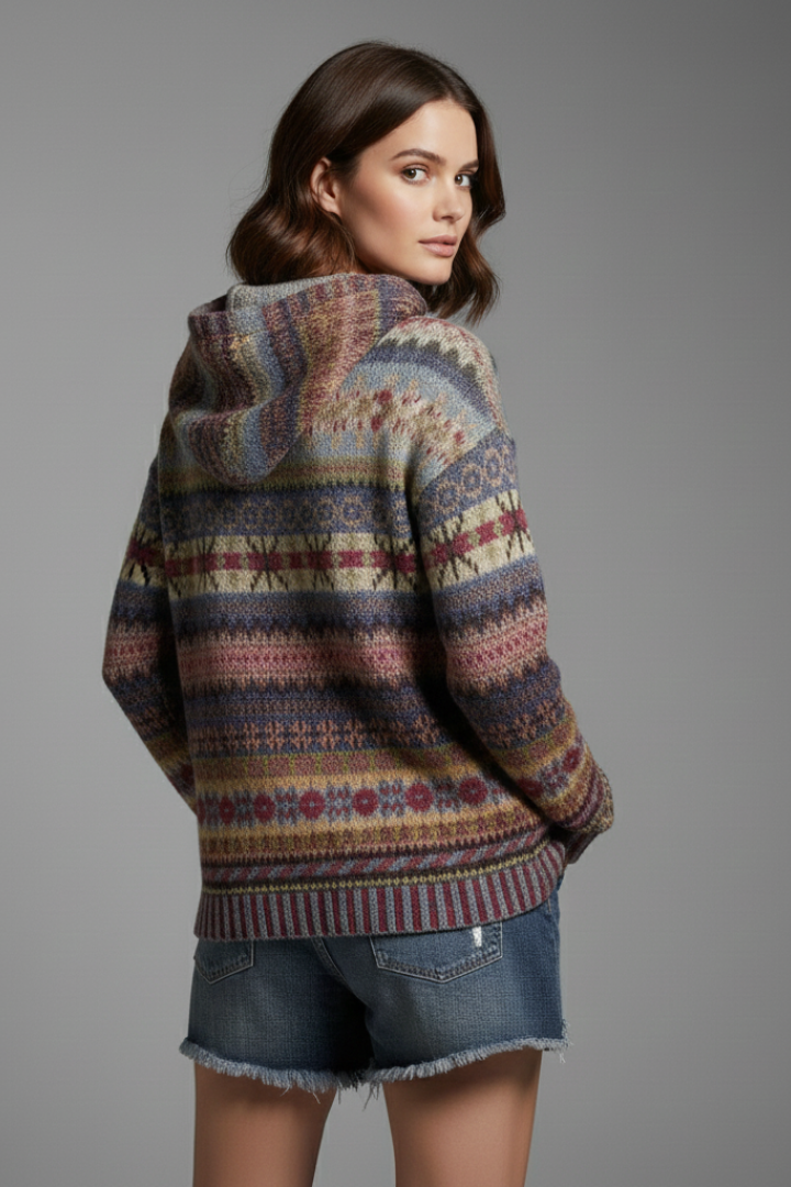 Dakota Womens Knit Hoodie Patterned Winter Pullover With Ribbed Cuffs by Selouva