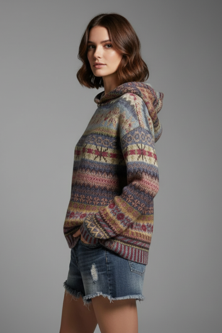 Dakota Womens Knit Hoodie Patterned Winter Pullover With Ribbed Cuffs by Selouva