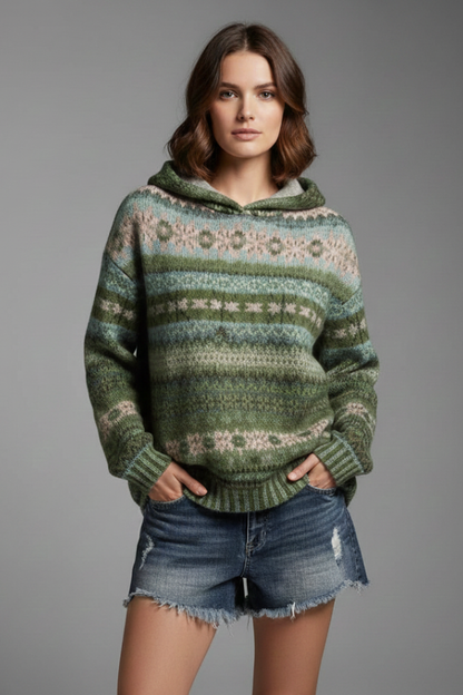 Dakota Womens Knit Hoodie Patterned Winter Pullover With Ribbed Cuffs by Selouva