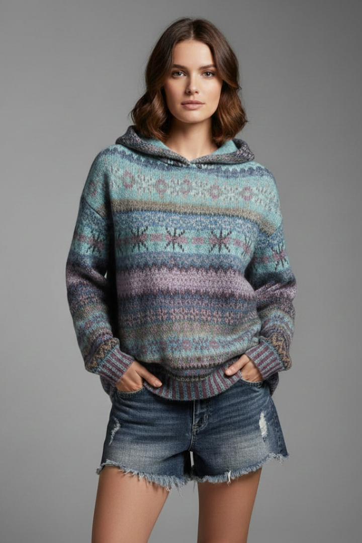 Dakota Womens Knit Hoodie Patterned Winter Pullover With Ribbed Cuffs by Selouva