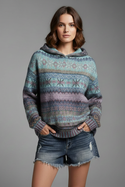 Dakota Womens Knit Hoodie Patterned Winter Pullover With Ribbed Cuffs by Selouva