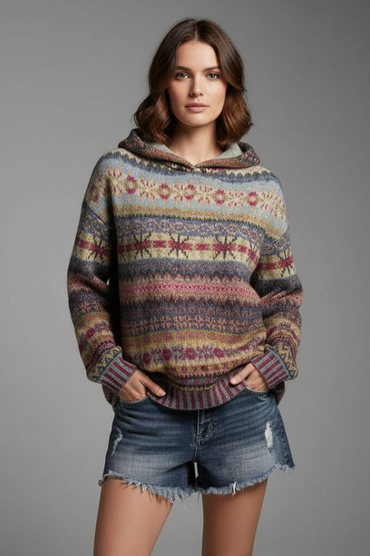 Dakota Womens Knit Hoodie Patterned Winter Pullover With Ribbed Cuffs by Selouva