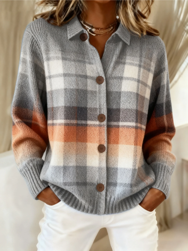 Elena Checked Knitted Blouse With Wooden Buttons In Soft Tones by Selouva