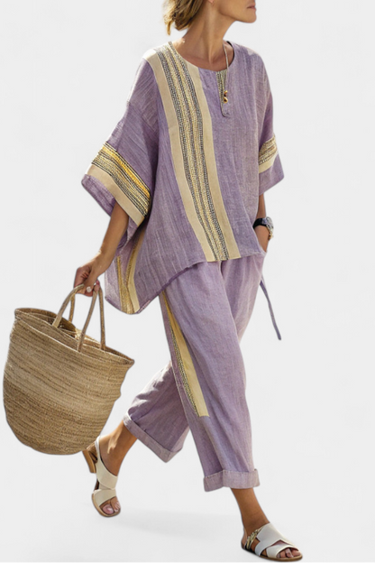 Elowric Lavender Bamboo Linen Set With Mustard Striped Top And Pants by Selouva