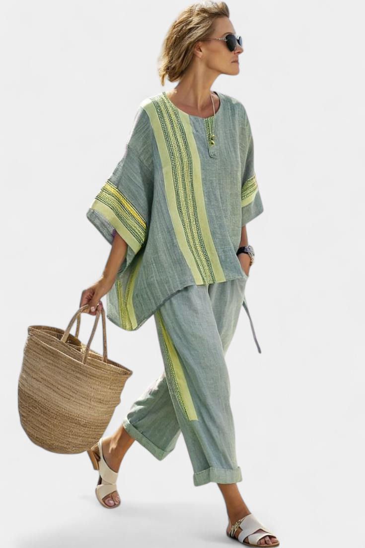 Elowric Lavender Bamboo Linen Set With Mustard Striped Top And Pants by Selouva