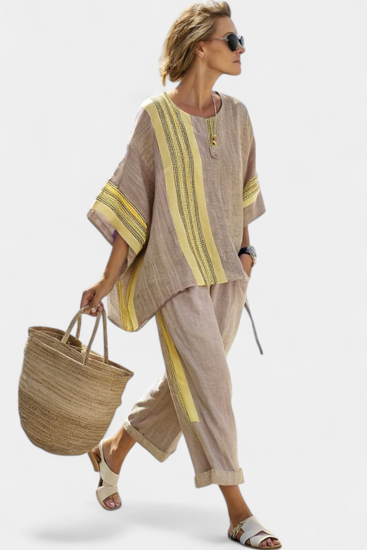 Elowric Lavender Bamboo Linen Set With Mustard Striped Top And Pants by Selouva