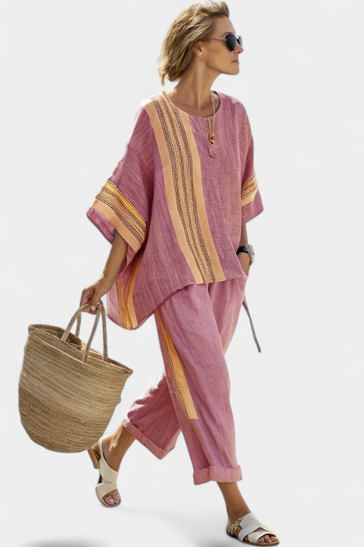 Elowric Lavender Bamboo Linen Set With Mustard Striped Top And Pants by Selouva