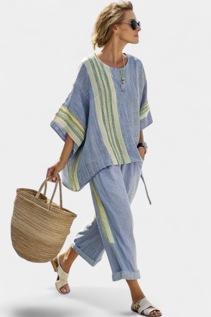 Elowric Lavender Bamboo Linen Set With Mustard Striped Top And Pants by Selouva