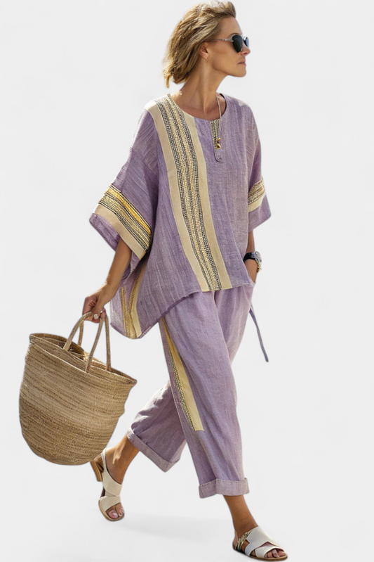 Elowric Lavender Bamboo Linen Set With Mustard Striped Top And Pants by Selouva