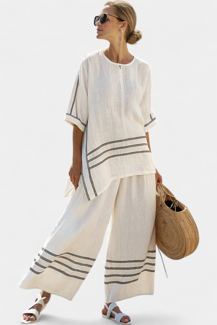 Wynric Striped Asymmetrical Top And Wide Leg Linen Pants Set by Selouva