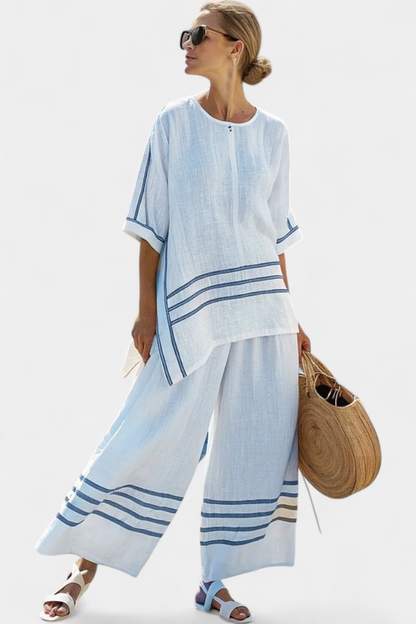 Wynric Striped Asymmetrical Top And Wide Leg Linen Pants Set by Selouva