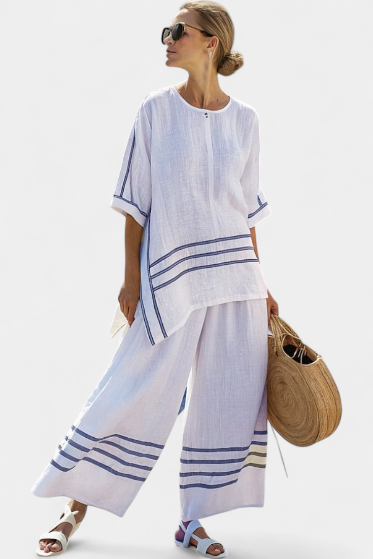 Wynric Striped Asymmetrical Top And Wide Leg Linen Pants Set by Selouva