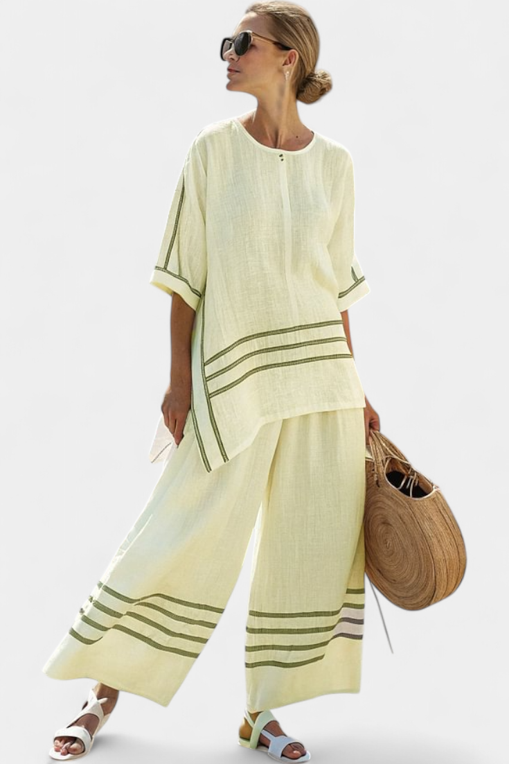 Wynric Striped Asymmetrical Top And Wide Leg Linen Pants Set by Selouva