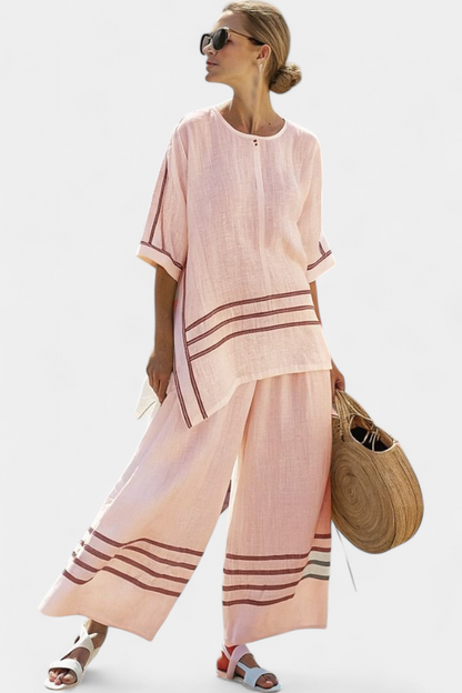 Wynric Striped Asymmetrical Top And Wide Leg Linen Pants Set by Selouva
