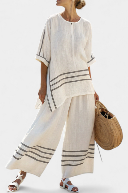 Wynric Striped Asymmetrical Top And Wide Leg Linen Pants Set by Selouva