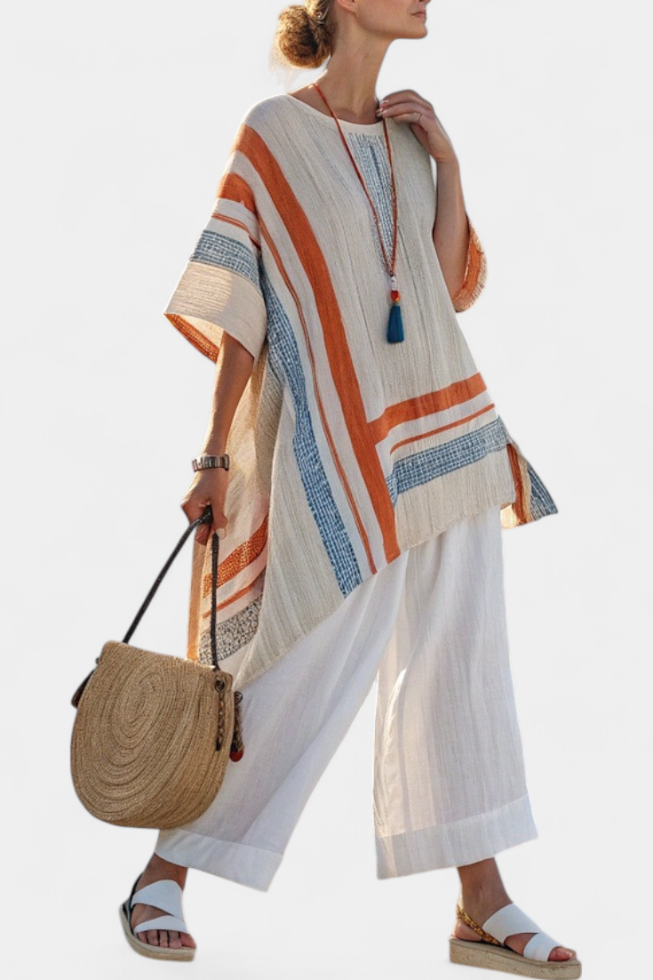 Caevan Linen Set With Asymmetrical Blouse And Wide Leg Pants In Stripes by Selouva
