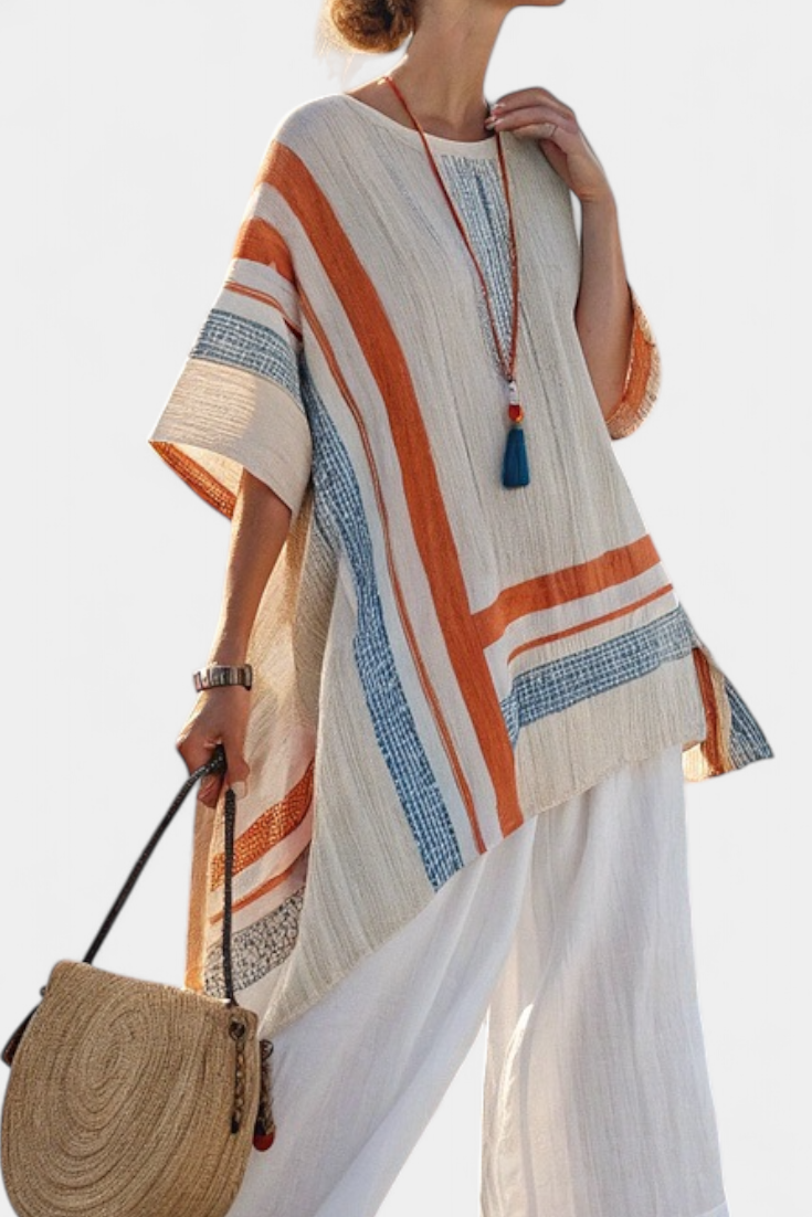 Caevan Linen Set With Asymmetrical Blouse And Wide Leg Pants In Stripes by Selouva