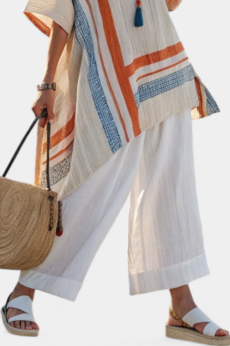 Caevan Linen Set With Asymmetrical Blouse And Wide Leg Pants In Stripes by Selouva