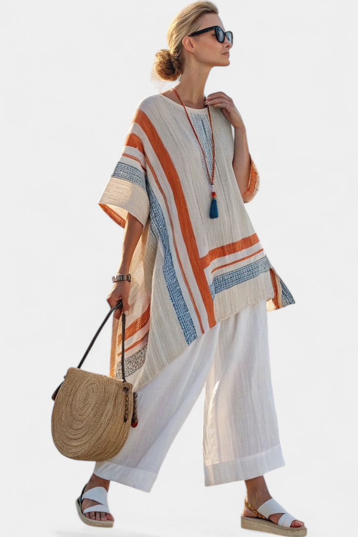 Caevan Linen Set With Asymmetrical Blouse And Wide Leg Pants In Stripes by Selouva