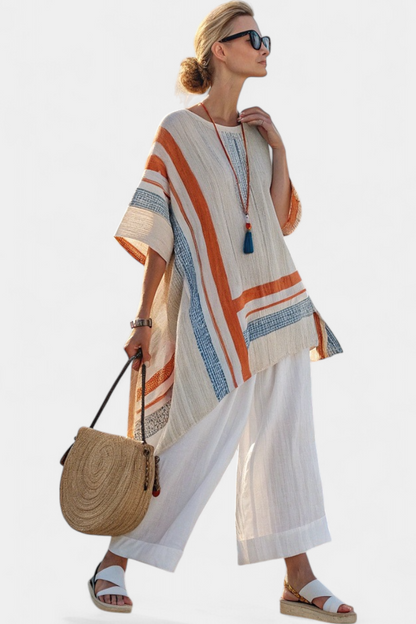 Caevan Linen Set With Asymmetrical Blouse And Wide Leg Pants In Stripes by Selouva