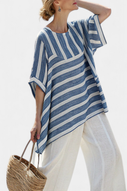 Corvielle Blue Striped Linen Set Top And Pants With Hem Detailing by Selouva