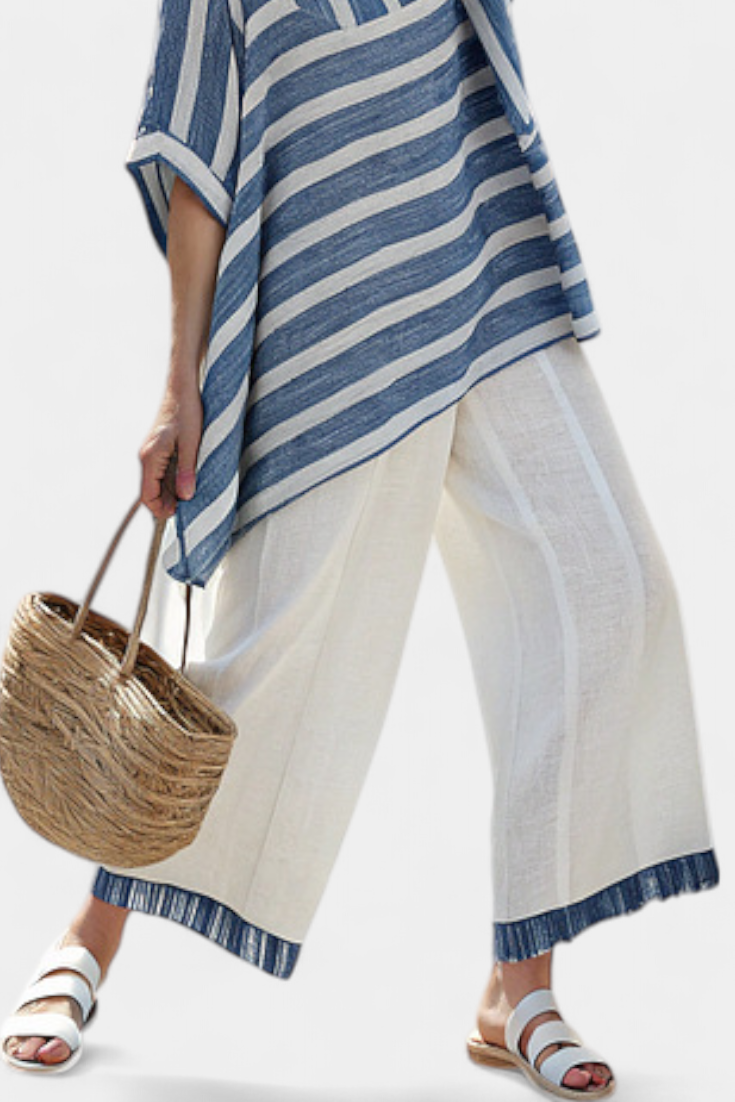 Corvielle Blue Striped Linen Set Top And Pants With Hem Detailing by Selouva
