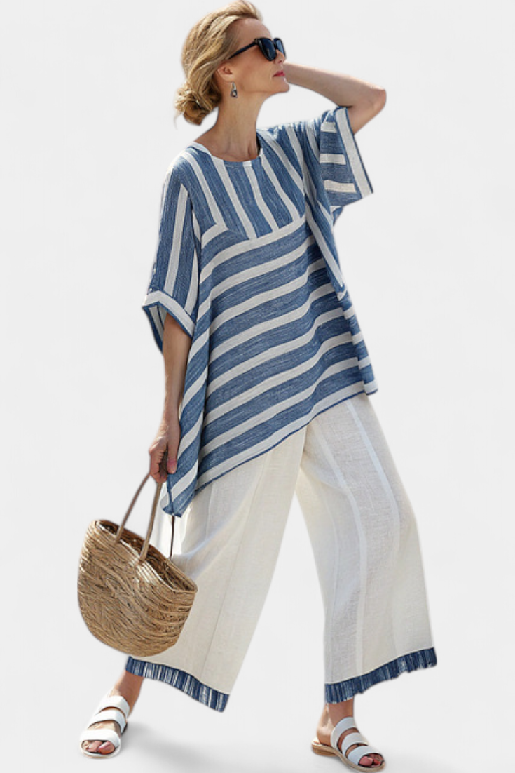 Corvielle Blue Striped Linen Set Top And Pants With Hem Detailing by Selouva