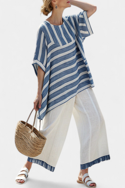 Corvielle Blue Striped Linen Set Top And Pants With Hem Detailing by Selouva