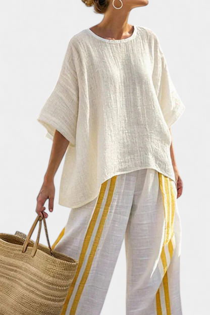 Anselor Bamboo Linen Set With Yellow Striped Top And Wide Leg Pants by Selouva