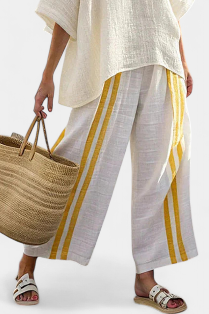 Anselor Bamboo Linen Set With Yellow Striped Top And Wide Leg Pants by Selouva