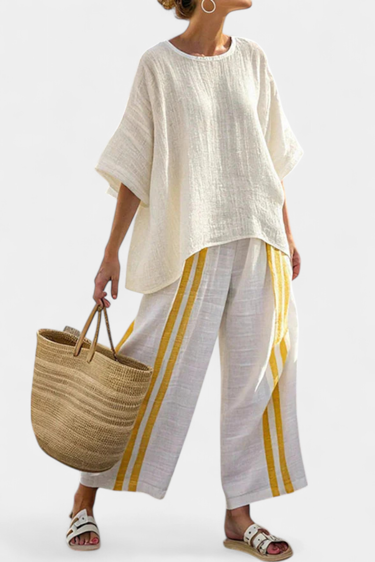 Anselor Bamboo Linen Set With Yellow Striped Top And Wide Leg Pants by Selouva