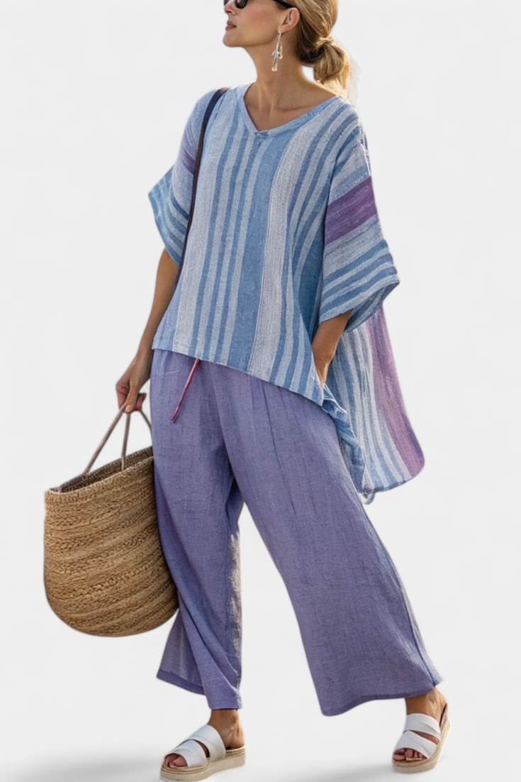 Zellora Linen Striped Set Lavender And Sky Blue Top And Wide Leg Pants by Selouva