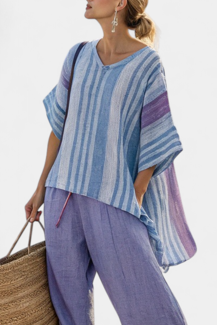 Zellora Linen Striped Set Lavender And Sky Blue Top And Wide Leg Pants by Selouva