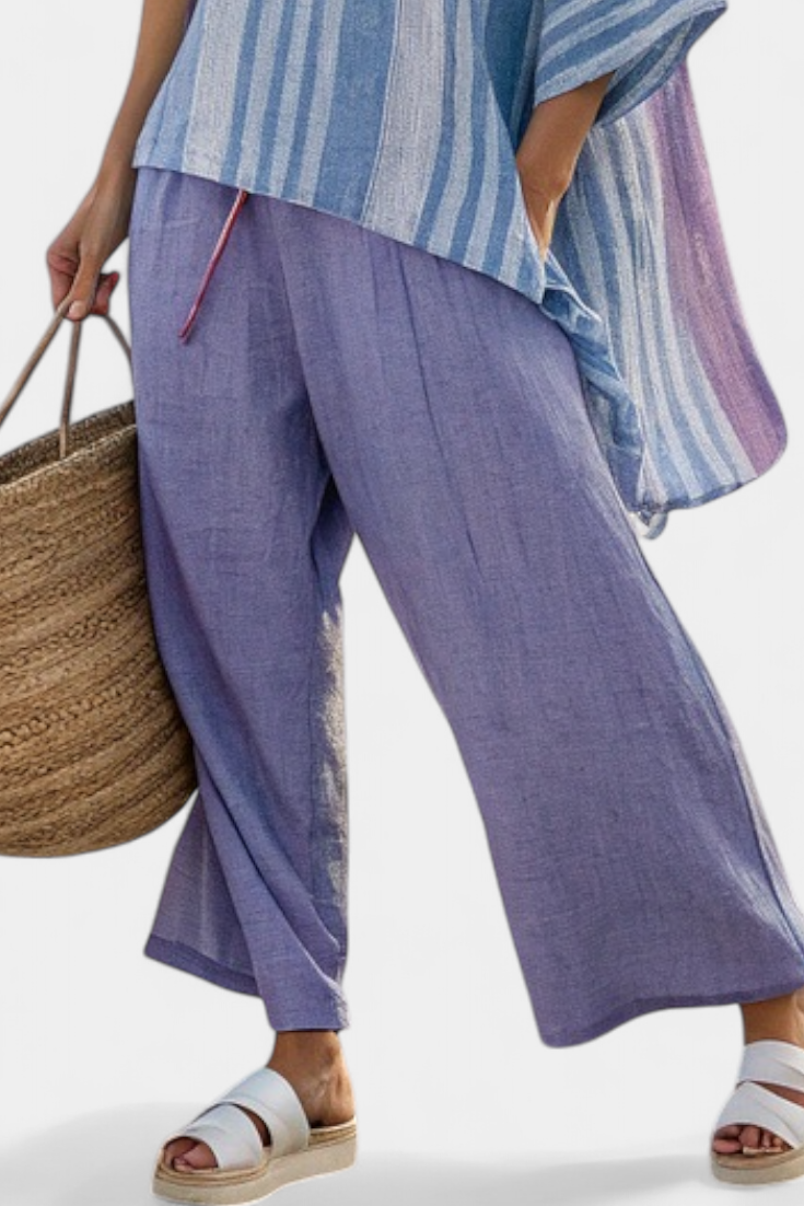 Zellora Linen Striped Set Lavender And Sky Blue Top And Wide Leg Pants by Selouva