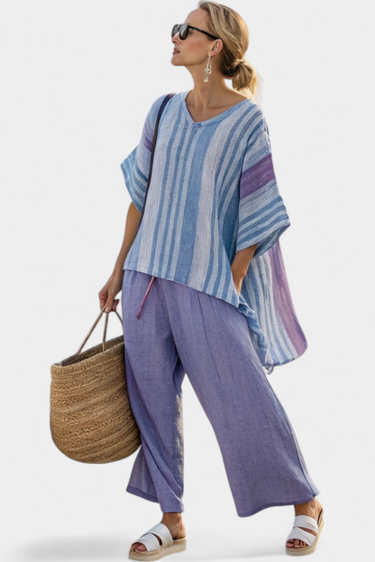 Zellora Linen Striped Set Lavender And Sky Blue Top And Wide Leg Pants by Selouva