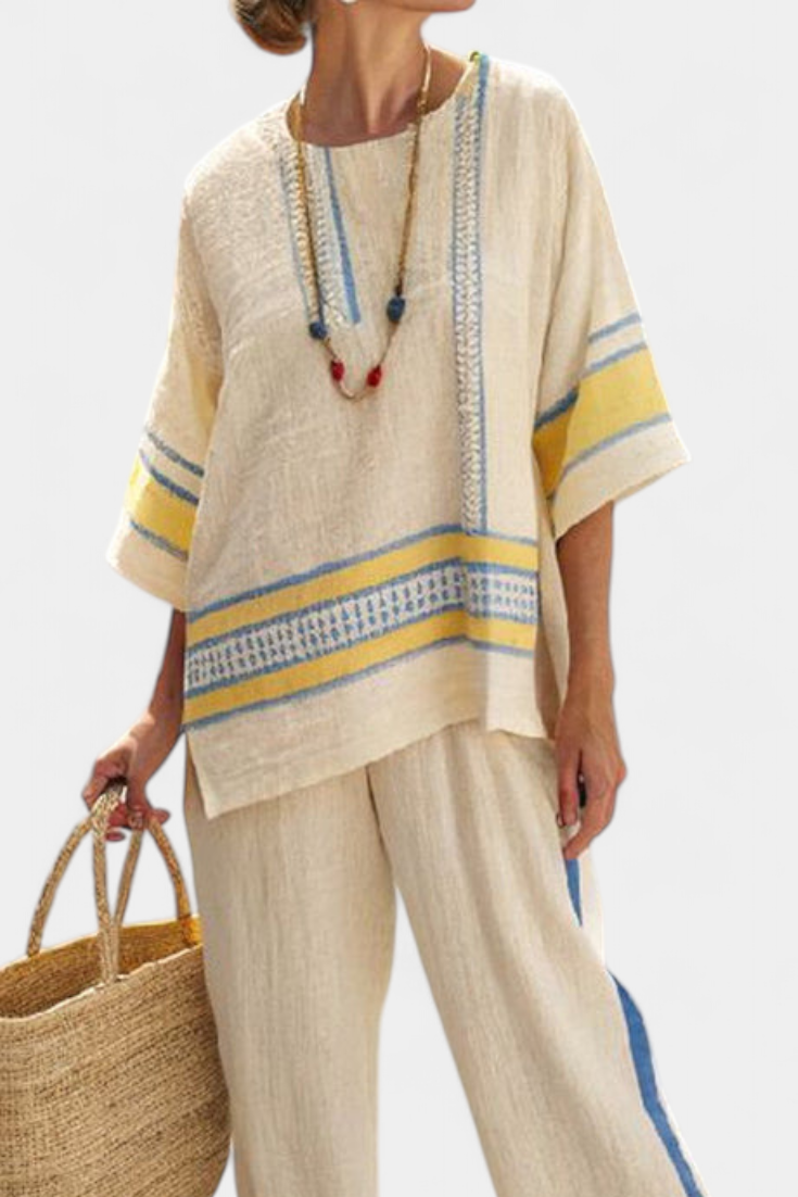 Jaxmere Blue Yellow Mediterranean Top And Linen Pants Set by Selouva