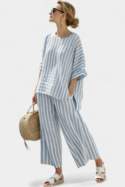 Rensleigh Blue Striped Linen Top and Relaxed Pants by Selouva