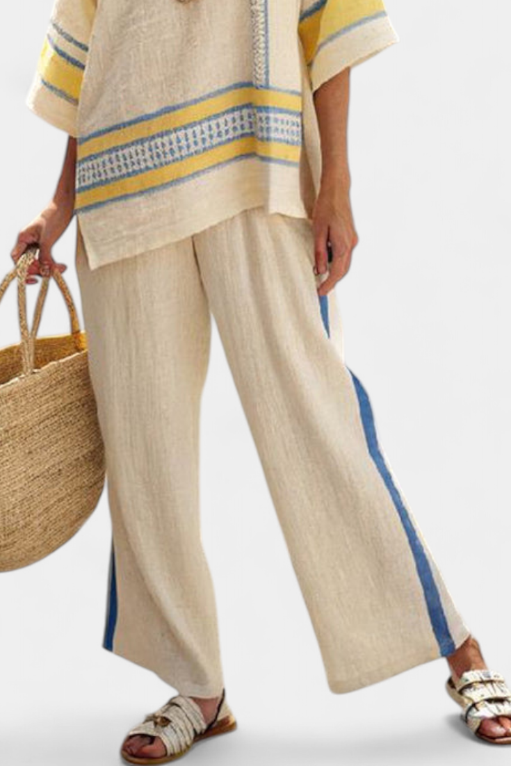 Jaxmere Blue Yellow Mediterranean Top And Linen Pants Set by Selouva
