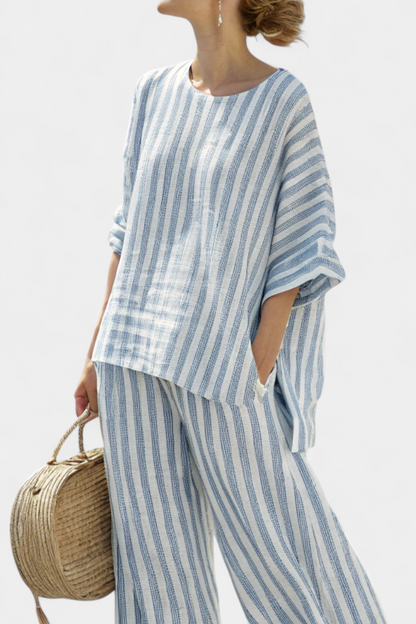 Rensleigh Blue Striped Linen Top and Relaxed Pants by Selouva