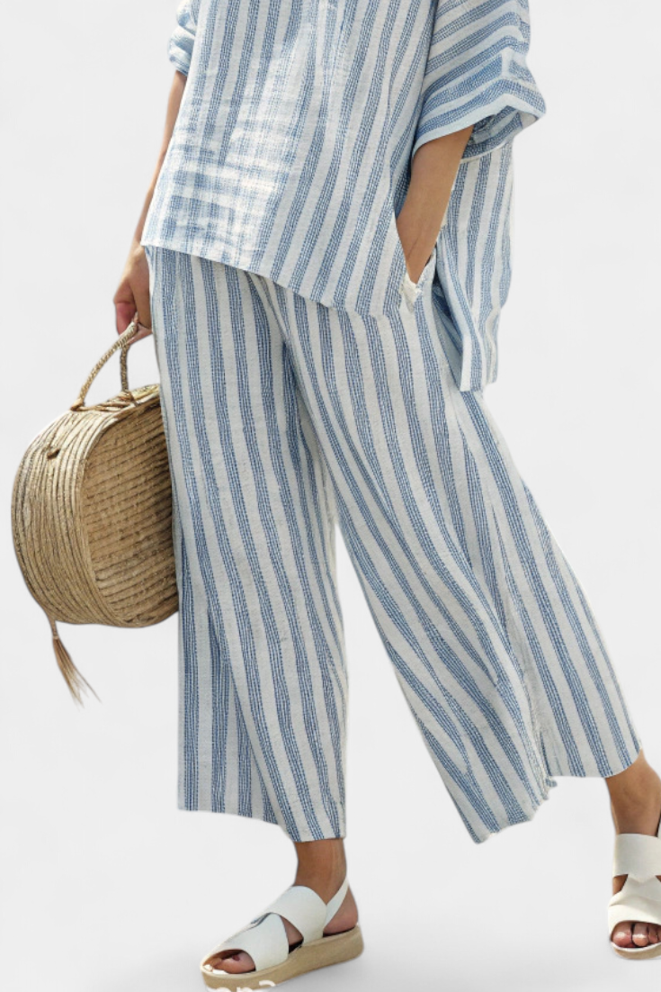 Rensleigh Blue Striped Linen Top and Relaxed Pants by Selouva