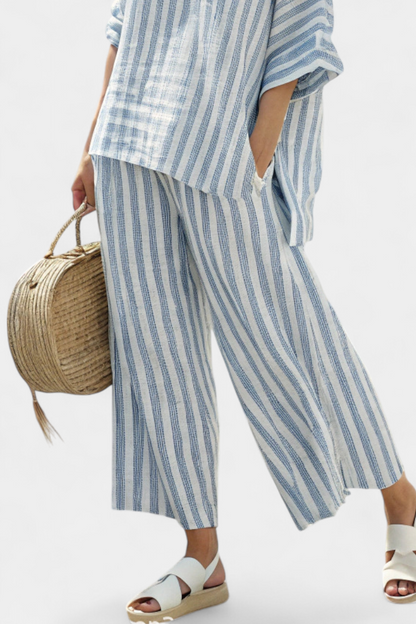Rensleigh Blue Striped Linen Top and Relaxed Pants by Selouva