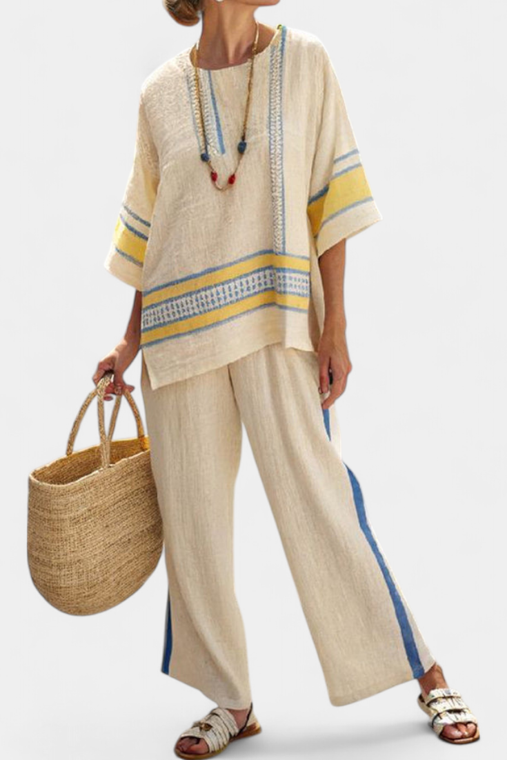 Jaxmere Blue Yellow Mediterranean Top And Linen Pants Set by Selouva