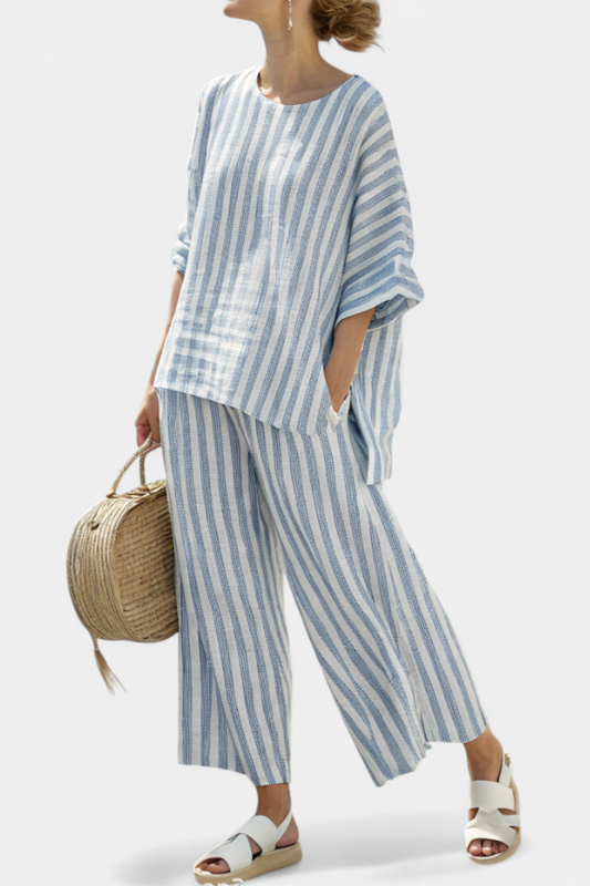 Rensleigh Blue Striped Linen Top and Relaxed Pants by Selouva