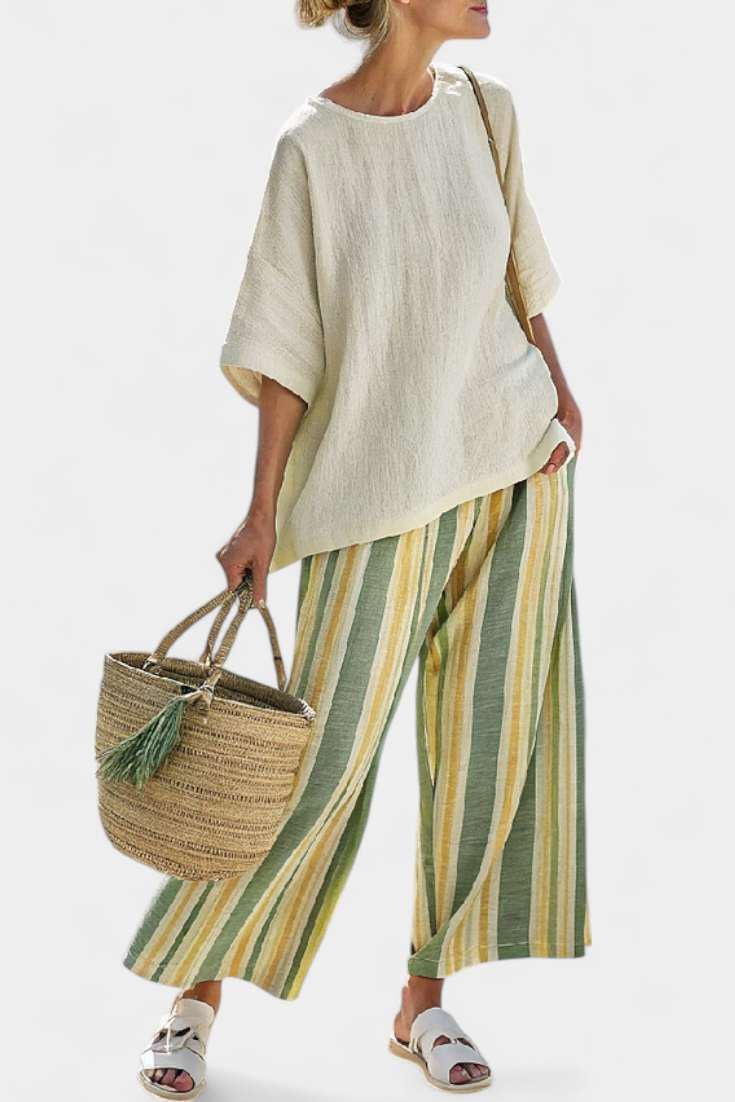 Ellowyn Sophisticated Linen Top And Striped Wide Leg Pants by Selouva